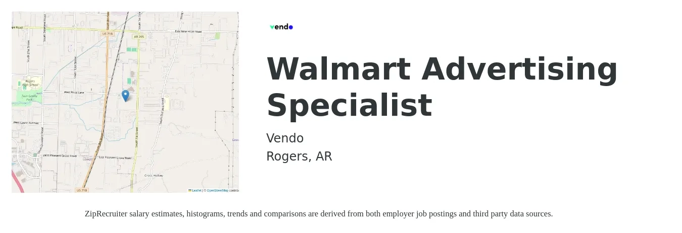 Vendo job posting for a Walmart Advertising Specialist in Rogers, AR with a salary of $52,000 to $109,100 Yearly with a map of Rogers location.