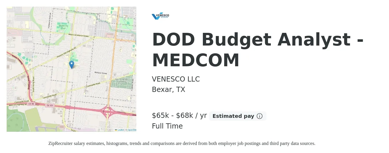 VENESCO LLC job posting for a DOD Budget Analyst - MEDCOM in Bexar, TX with a salary of $65,000 to $68,000 Yearly with a map of Bexar location.