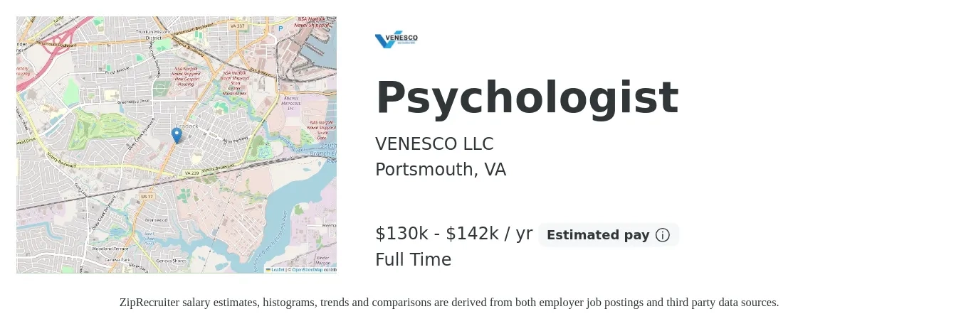 Venesco LLC job posting for a Psychologist in Portsmouth, VA with a salary of $130,000 to $140,000 Yearly and benefits including dental, life_insurance, medical, retirement, and vision with a map of Portsmouth location.