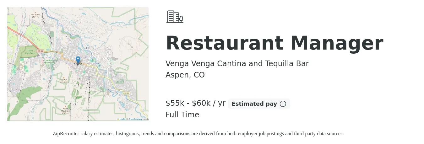 Venga Venga Cantina and Tequilla Bar job posting for a Restaurant Manager in Aspen, CO with a salary of $55,000 to $60,000 Yearly with a map of Aspen location.