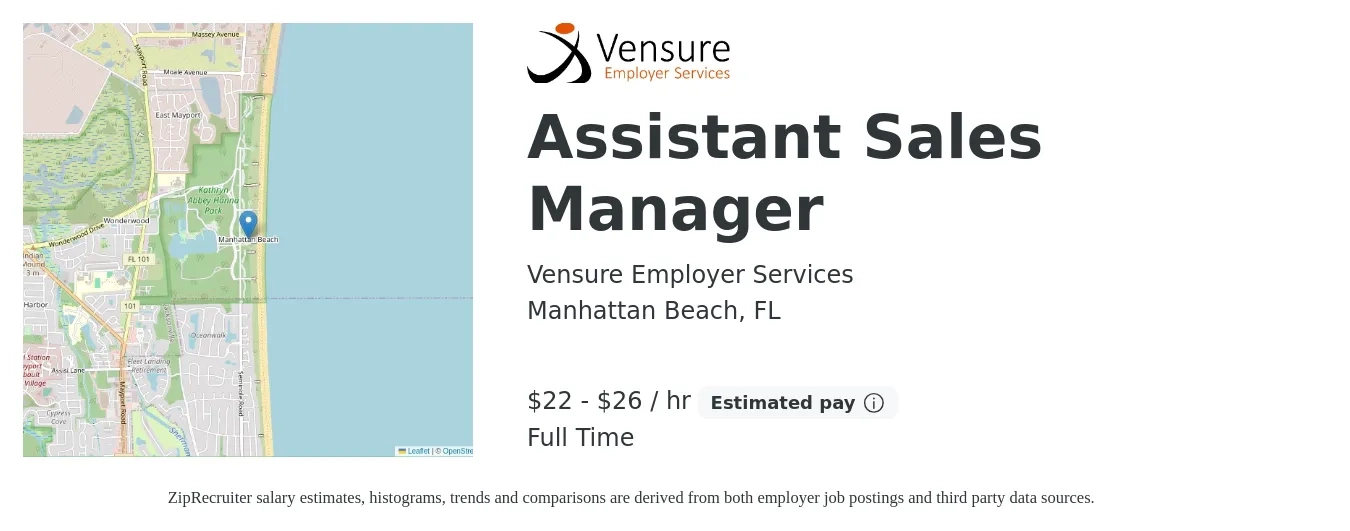 Vensure Employer Services job posting for a Assistant Sales Manager in Manhattan Beach, FL with a salary of $23 to $28 Hourly with a map of Manhattan Beach location.
