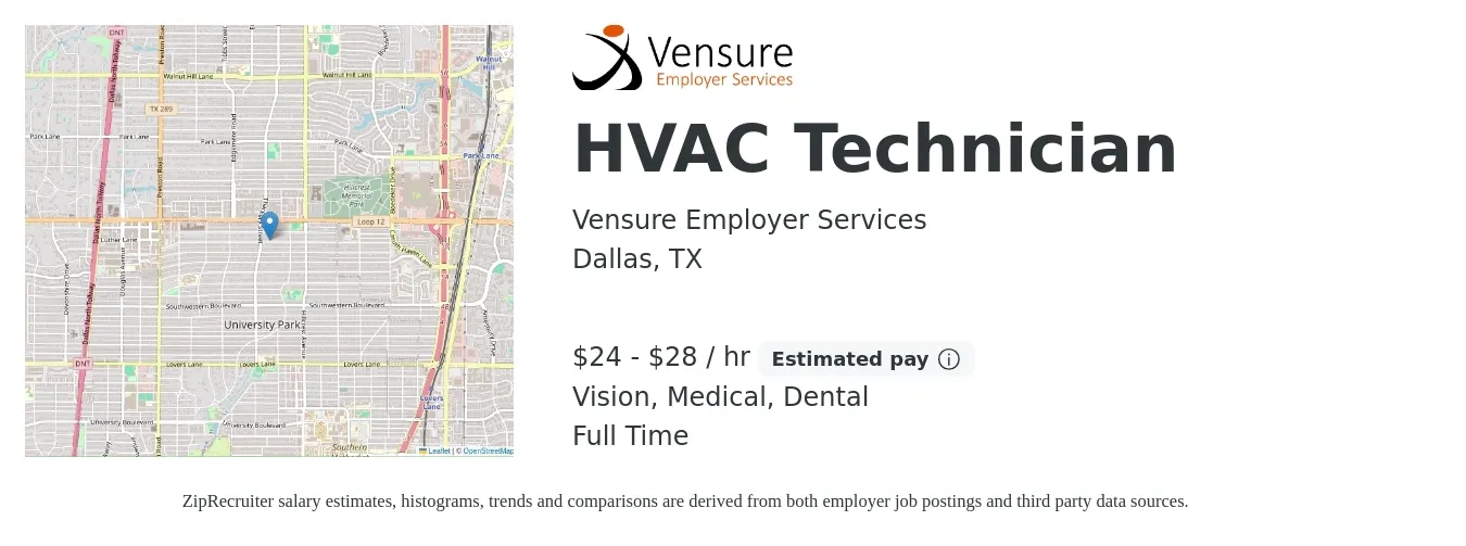 Vensure Employer Services job posting for a HVAC Technician in Dallas, TX with a salary of $25 to $30 Hourly and benefits including dental, life_insurance, medical, and vision with a map of Dallas location.