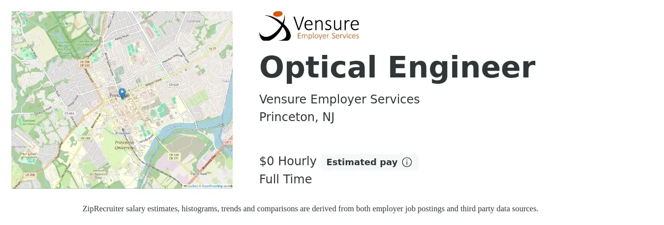 Vensure Employer Services job posting for a Optical Engineer in Princeton, NJ with a salary of $1 Hourly with a map of Princeton location.