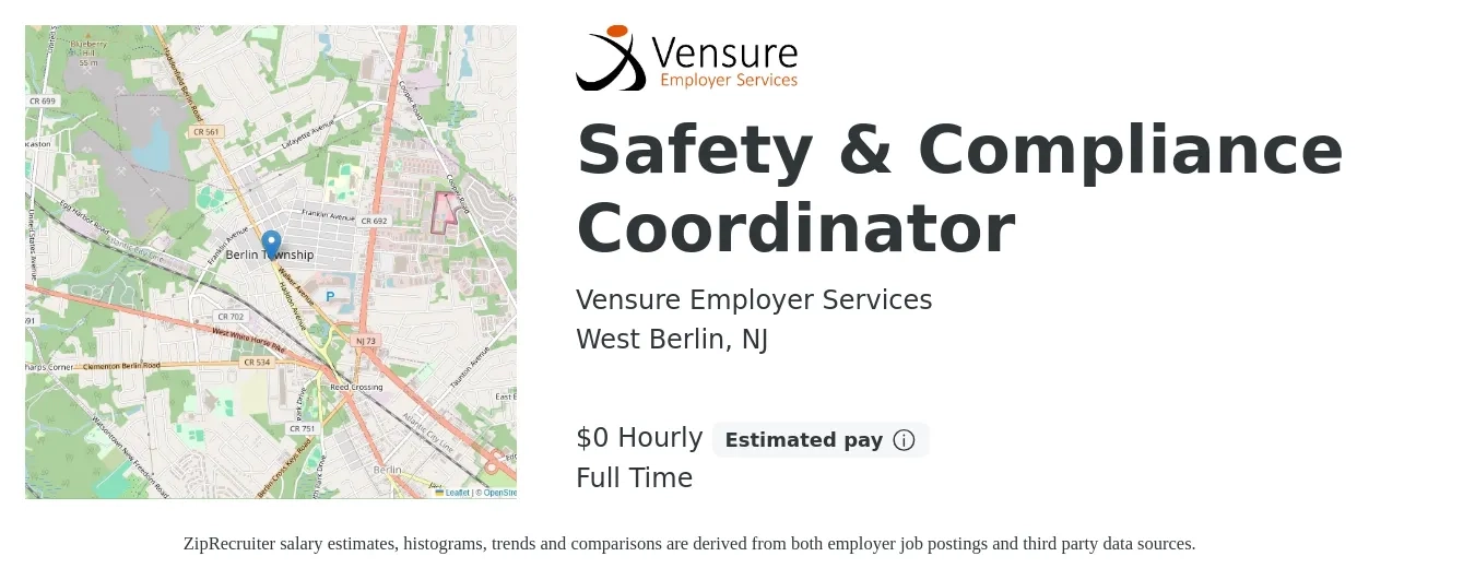 Vensure Employer Services job posting for a Safety & Compliance Coordinator in West Berlin, NJ with a salary of $1 Hourly with a map of West Berlin location.