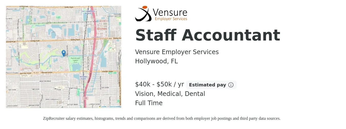Vensure Employer Services job posting for a Staff Accountant in Hollywood, FL with a salary of $10 Hourly and benefits including life_insurance, medical, retirement, vision, and dental with a map of Hollywood location.
