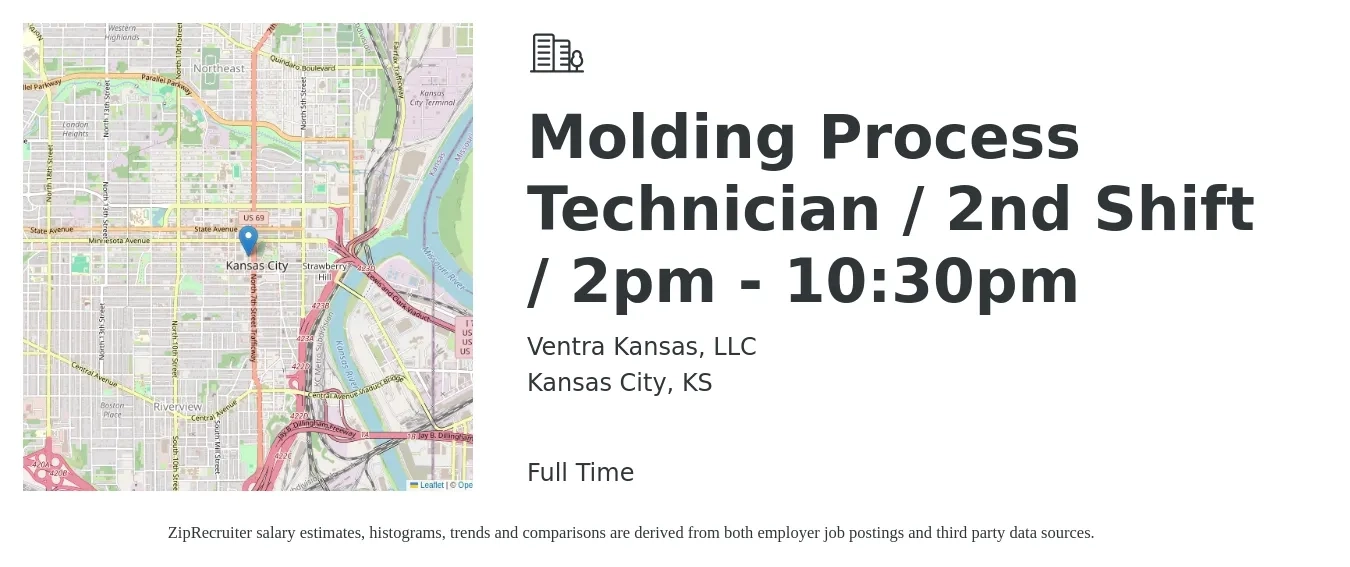 Ventra Kansas, LLC job posting for a Molding Process Technician / 2nd Shift / 2pm - 10:30pm in Kansas City, KS with a salary of $23 to $28 Hourly with a map of Kansas City location.