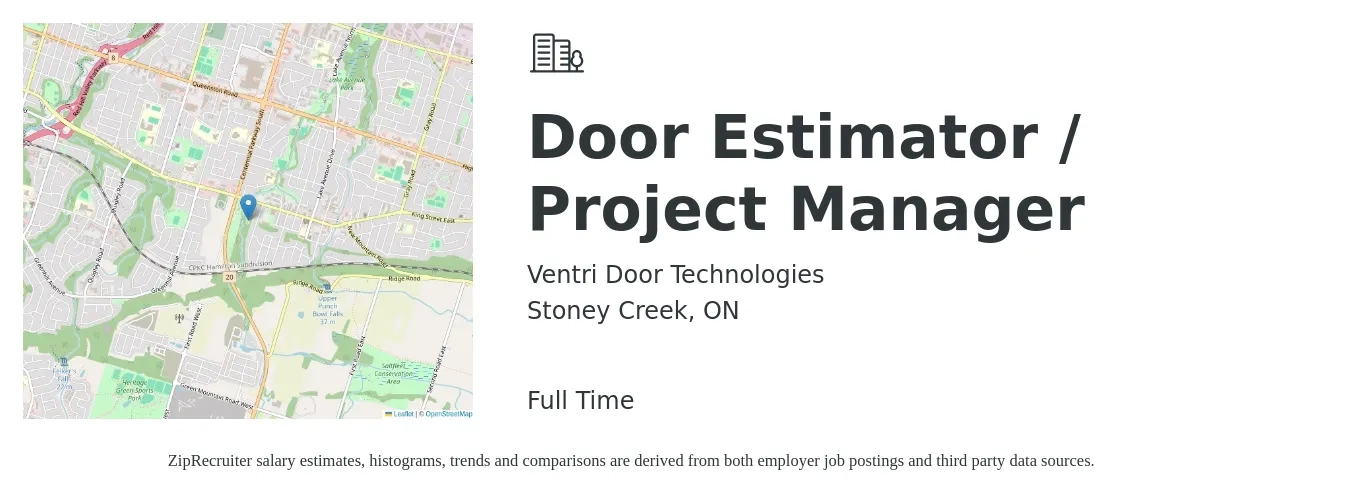 Ventri Door Technologies job posting for a Door Estimator / Project Manager in Stoney Creek, ON with a map of Stoney Creek location.