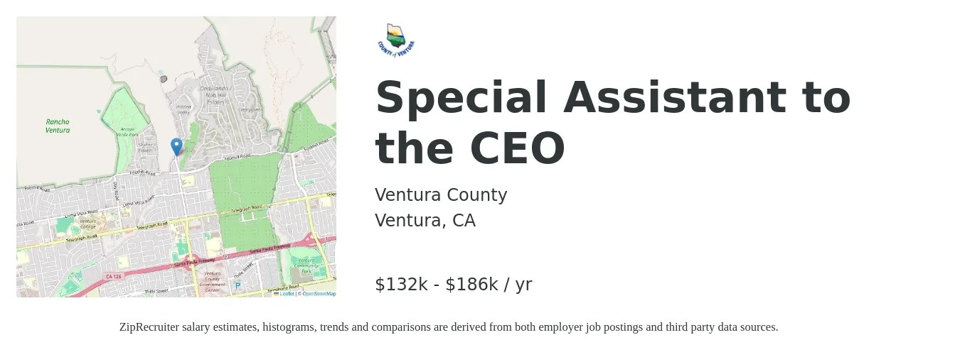 Ventura County job posting for a Special Assistant to the CEO in Ventura, CA with a salary of $132,949 to $186,146 Yearly with a map of Ventura location.