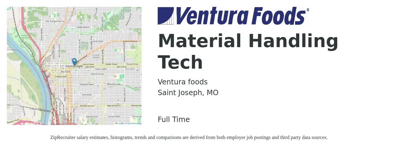 Ventura foods job posting for a Material Handling Tech in Saint Joseph, MO with a salary of $16 to $20 Hourly with a map of Saint Joseph location.