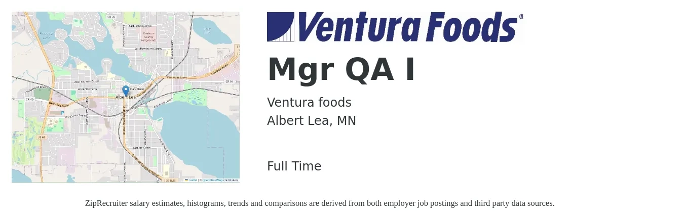 Ventura foods job posting for a Mgr QA I in Albert Lea, MN with a salary of $76,800 to $133,800 Yearly with a map of Albert Lea location.