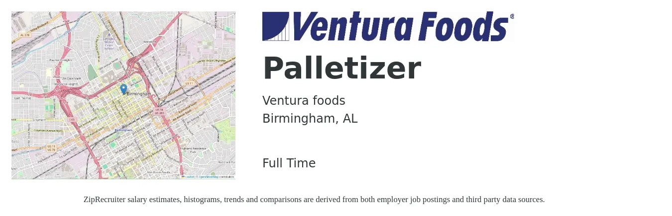 Ventura foods job posting for a Palletizer in Birmingham, AL with a salary of $16 to $18 Hourly with a map of Birmingham location.