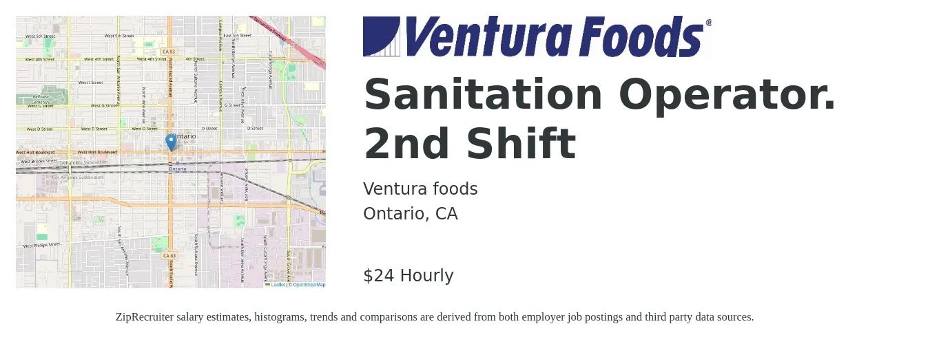 Ventura foods job posting for a Sanitation Operator. 2nd Shift in Ontario, CA with a salary of $25 Hourly with a map of Ontario location.