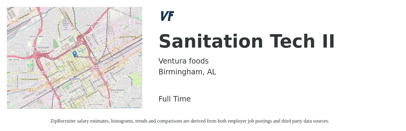 Ventura foods job posting for a Sanitation Tech II in Birmingham, AL with a salary of $16 to $19 Hourly with a map of Birmingham location.