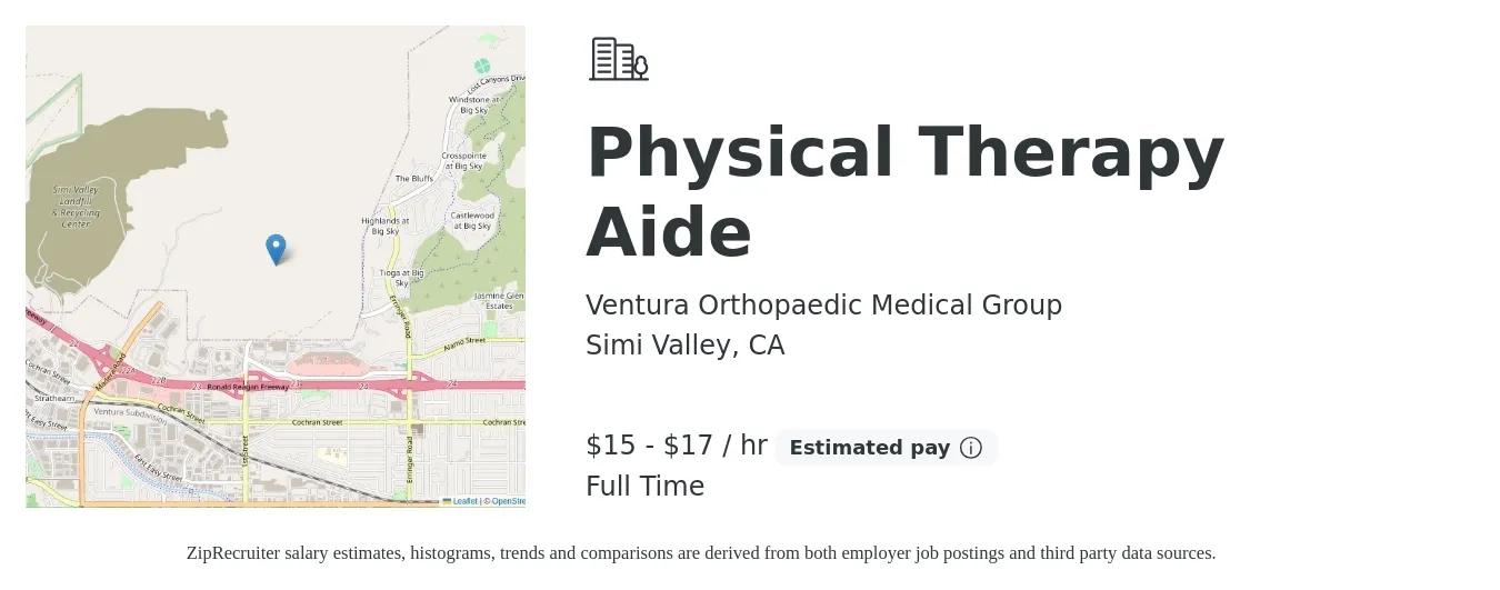 Ventura Orthopaedic Medical Group job posting for a Physical Therapy Aide in Simi Valley, CA with a salary of $16 to $18 Hourly with a map of Simi Valley location.