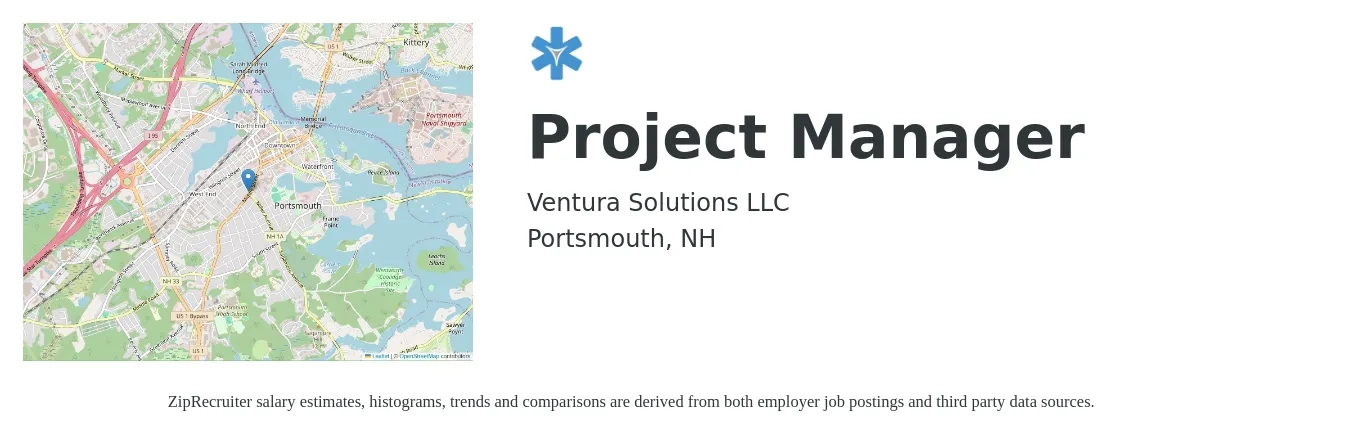 Ventura Solutions LLC job posting for a Project Manager in Portsmouth, NH with a salary of $80,000 to $125,300 Yearly with a map of Portsmouth location.