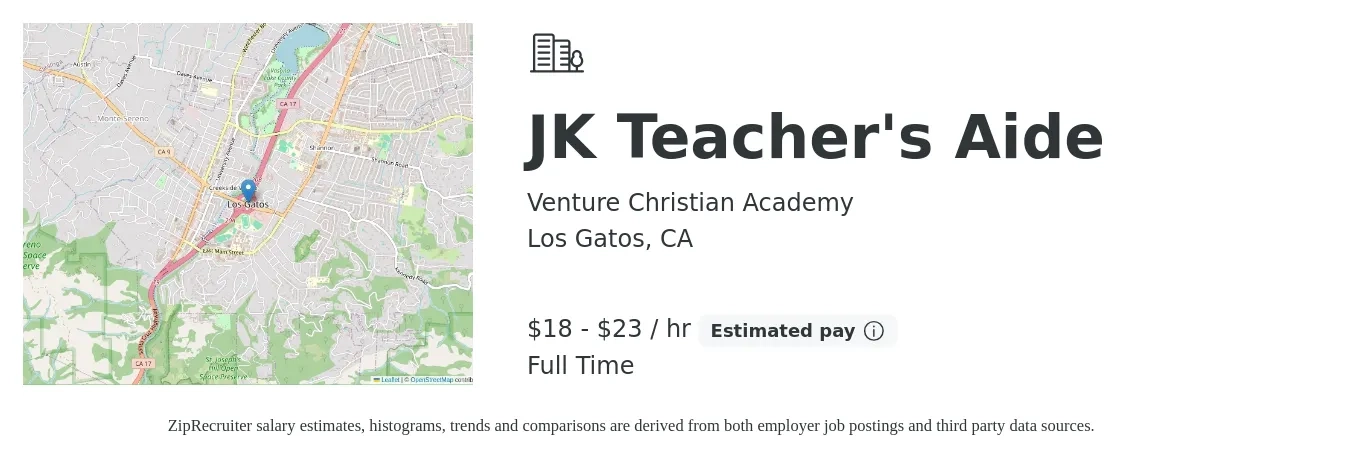 Venture Christian Academy job posting for a JK Teacher's Aide in Los Gatos, CA with a salary of $19 to $24 Hourly with a map of Los Gatos location.