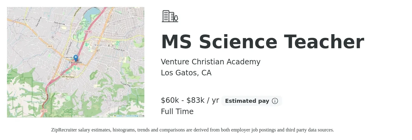 Venture Christian Academy job posting for a MS Science Teacher in Los Gatos, CA with a salary of $60,500 to $83,000 Yearly with a map of Los Gatos location.