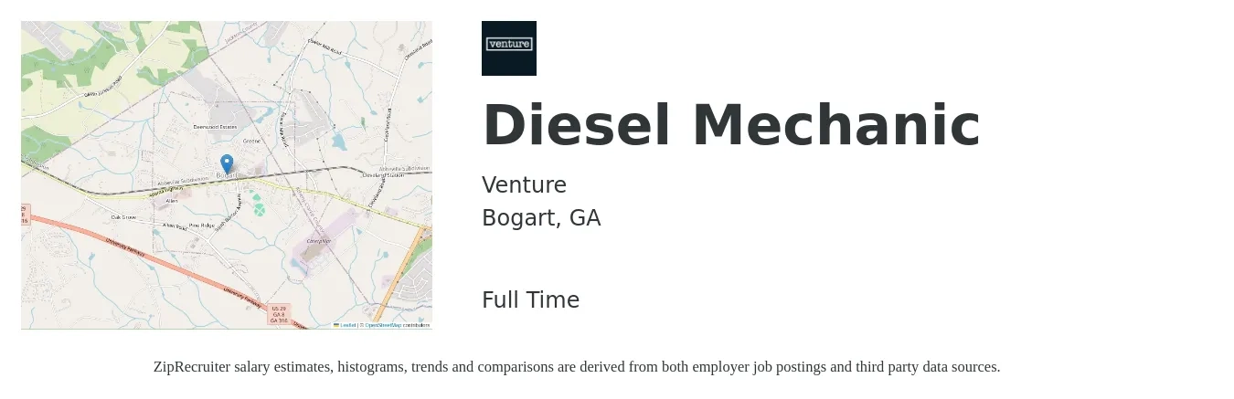Venture job posting for a Diesel Mechanic in Bogart, GA with a salary of $24 to $31 Hourly with a map of Bogart location.
