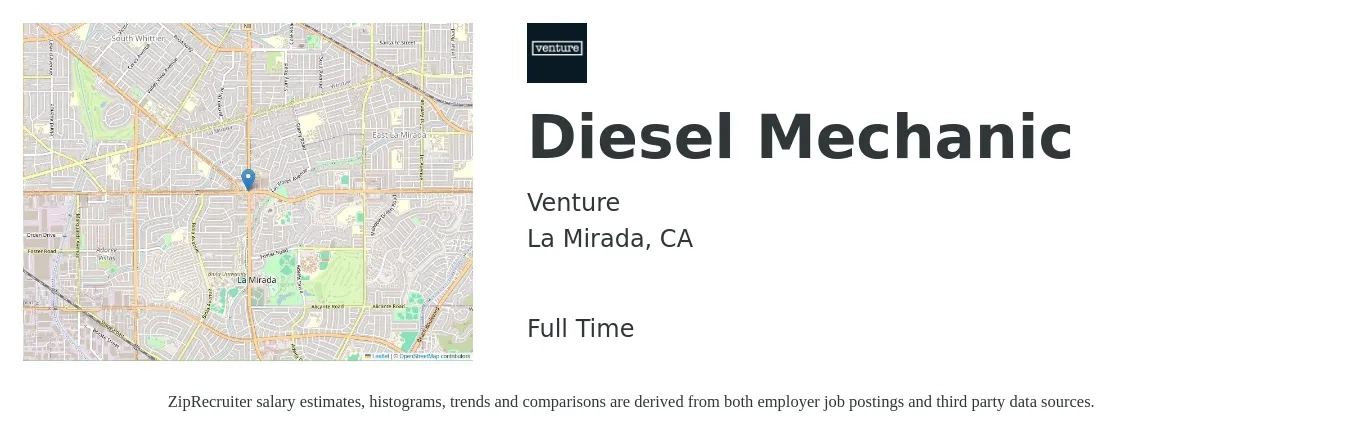 Venture job posting for a Diesel Mechanic in La Mirada, CA with a salary of $25 to $33 Hourly with a map of La Mirada location.