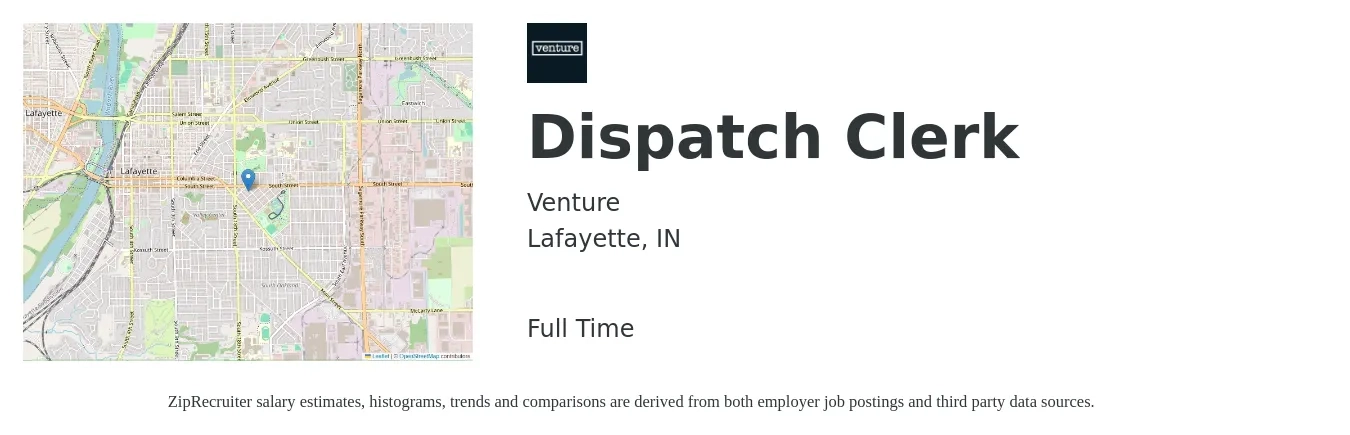 Venture job posting for a Dispatch Clerk in Lafayette, IN with a salary of $16 to $21 Hourly with a map of Lafayette location.