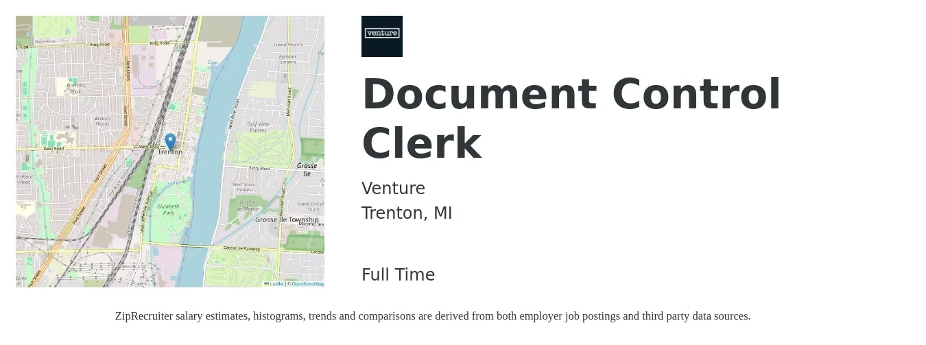 Venture job posting for a Document Control Clerk in Trenton, MI with a salary of $15 to $20 Hourly with a map of Trenton location.