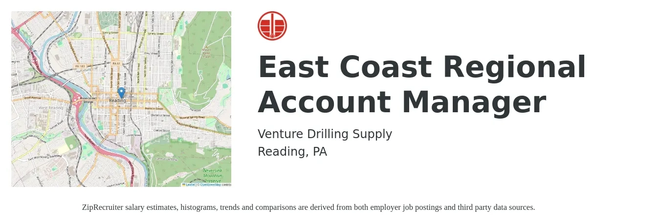 Venture Drilling Supply job posting for a East Coast Regional Account Manager in Reading, PA with a salary of $70 Yearly with a map of Reading location.