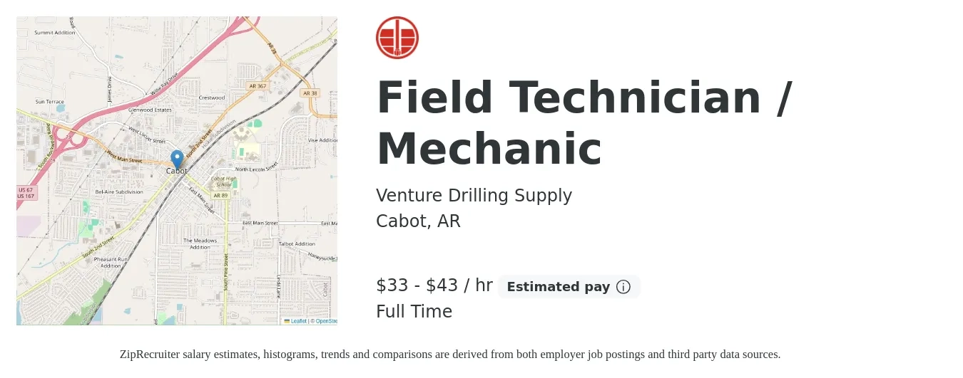Venture Drilling Supply job posting for a Field Technician / Mechanic in Cabot, AR with a salary of $35 to $45 Hourly with a map of Cabot location.