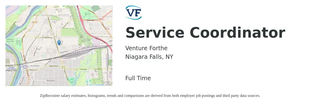 Venture Forthe job posting for a Service Coordinator in Niagara Falls, NY with a salary of $19 to $24 Hourly with a map of Niagara Falls location.