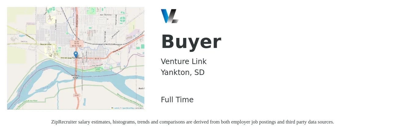 Venture Link job posting for a Buyer in Yankton, SD with a salary of $47,900 to $71,600 Yearly with a map of Yankton location.