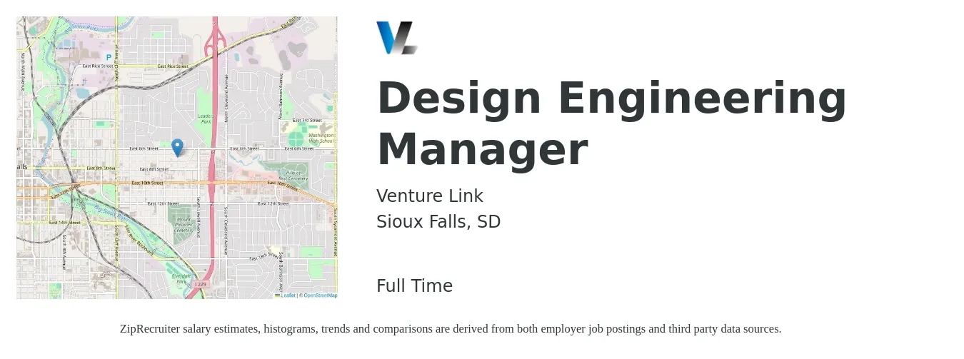 Venture Link job posting for a Design Engineering Manager in Sioux Falls, SD with a salary of $105,300 to $145,000 Yearly with a map of Sioux Falls location.