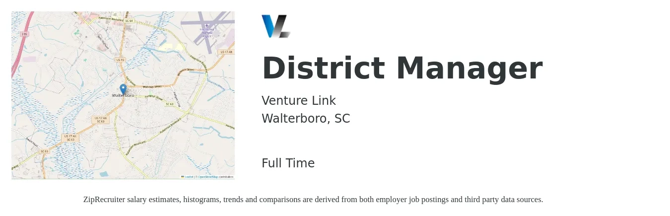 Venture Link job posting for a District Manager in Walterboro, SC with a salary of $54,800 to $78,200 Yearly with a map of Walterboro location.