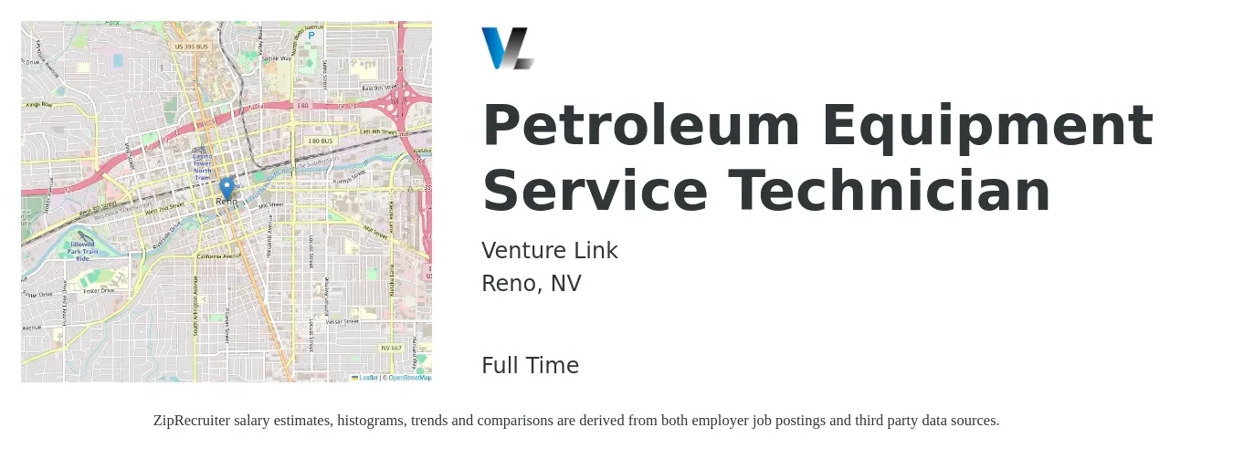 Venture Link job posting for a Petroleum Equipment Service Technician in Reno, NV with a salary of $23 to $26 Hourly with a map of Reno location.