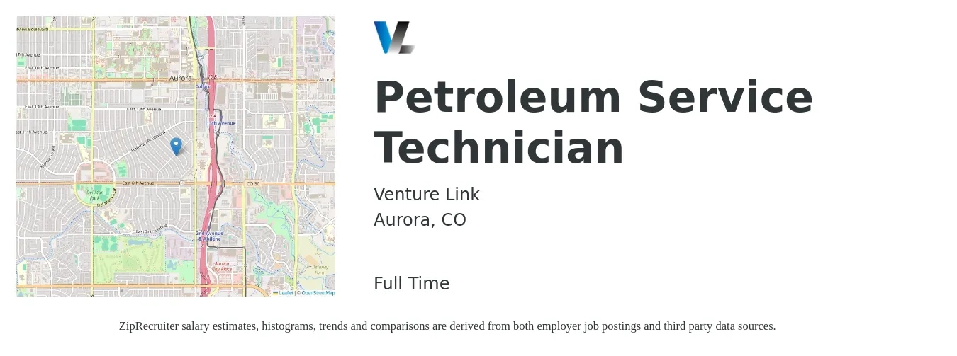 Venture Link job posting for a Petroleum Service Technician in Aurora, CO with a salary of $23 to $27 Hourly with a map of Aurora location.