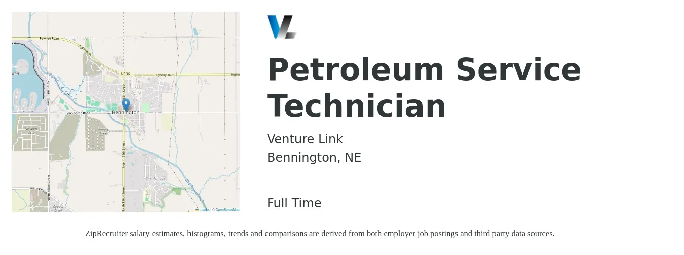 Venture Link job posting for a Petroleum Service Technician in Bennington, NE with a salary of $22 to $26 Hourly with a map of Bennington location.