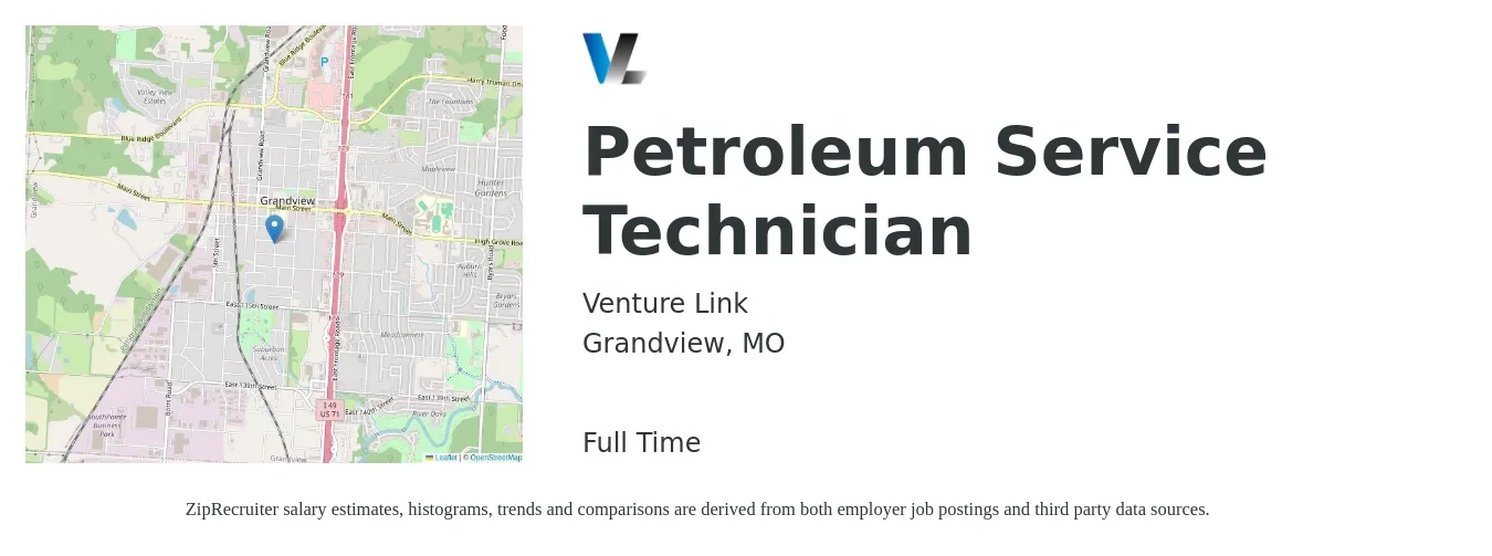 Venture Link job posting for a Petroleum Service Technician in Grandview, MO with a salary of $22 to $26 Hourly with a map of Grandview location.