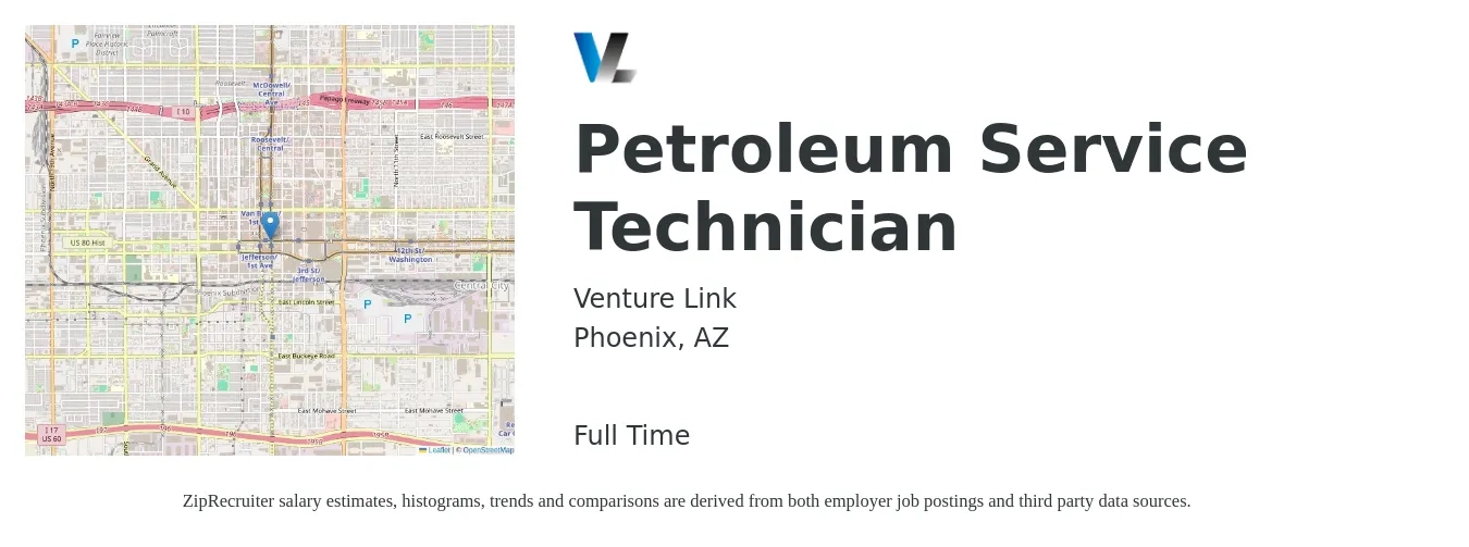 Venture Link job posting for a Petroleum Service Technician in Phoenix, AZ with a salary of $22 to $26 Hourly with a map of Phoenix location.