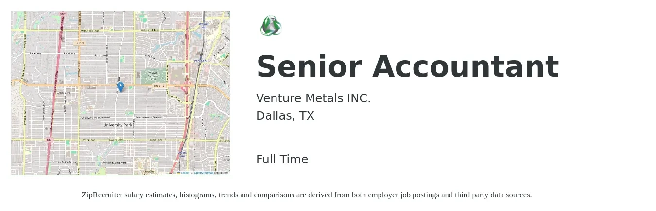 Venture Metals INC. job posting for a Senior Accountant in Dallas, TX with a salary of $66,500 to $83,600 Yearly with a map of Dallas location.