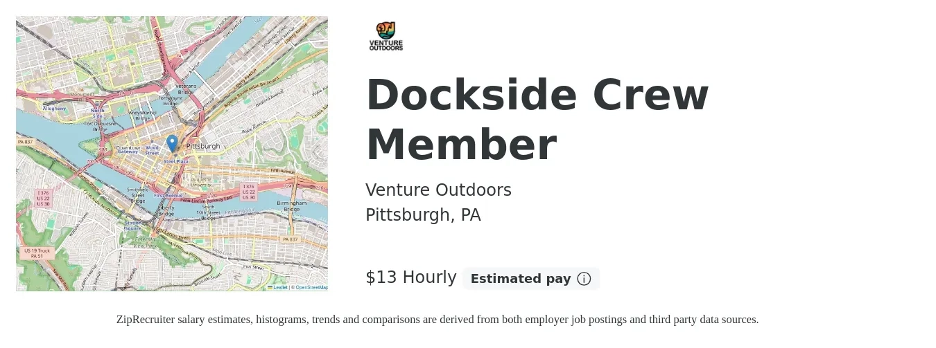 Venture Outdoors job posting for a Dockside Crew Member in Pittsburgh, PA with a salary of $14 Hourly with a map of Pittsburgh location.