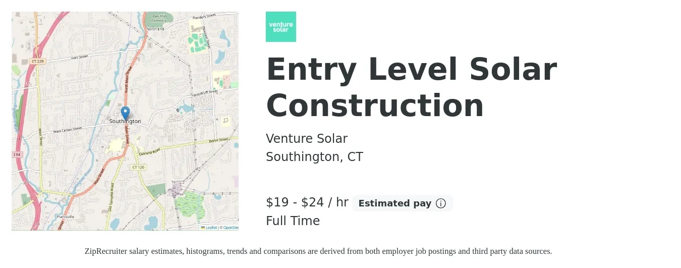 Venture Solar job posting for a Entry Level Solar Construction in Southington, CT with a salary of $20 to $25 Hourly with a map of Southington location.