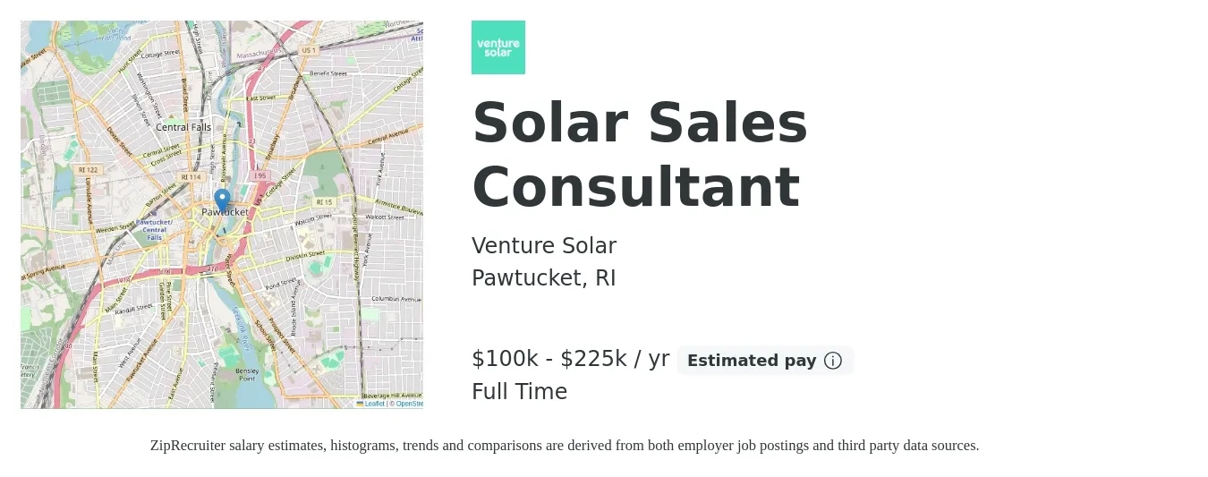 Venture Solar job posting for a Solar Sales Consultant in Pawtucket, RI with a salary of $100,000 to $225,000 Yearly with a map of Pawtucket location.