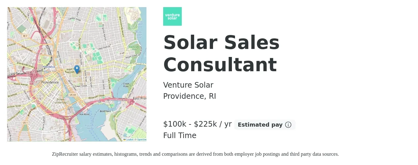 Venture Solar job posting for a Solar Sales Consultant in Providence, RI with a salary of $100,000 to $225,000 Yearly with a map of Providence location.