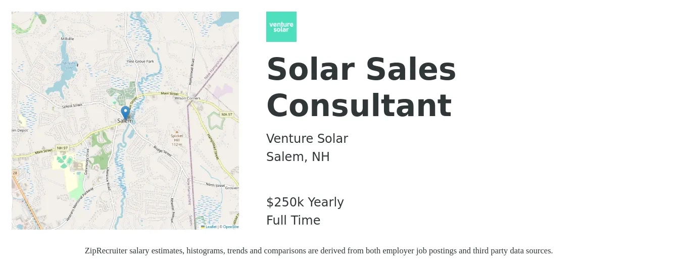 Venture Solar job posting for a Solar Sales Consultant in Salem, NH with a salary of $100,000 to $225,000 Yearly with a map of Salem location.
