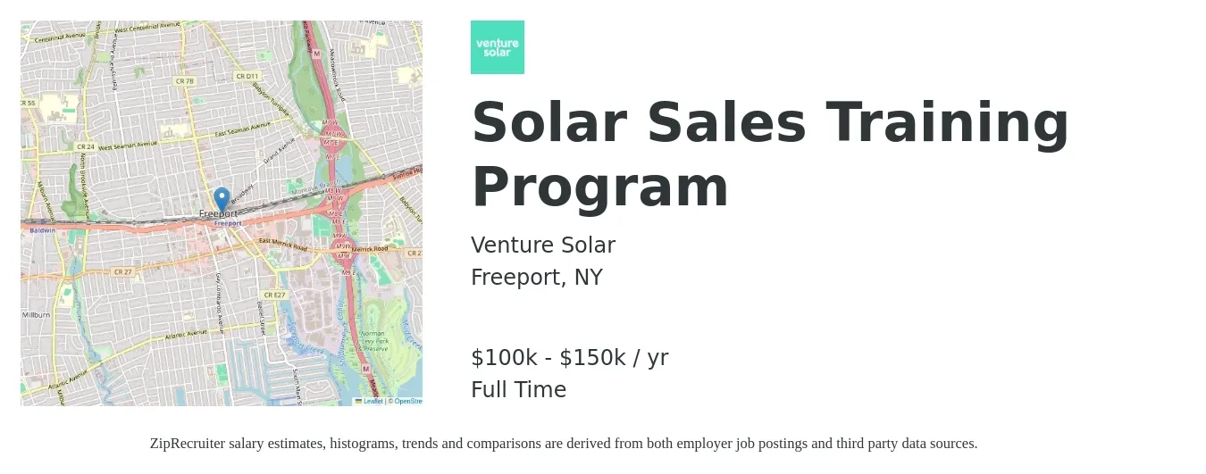 Venture Solar job posting for a Solar Sales Training Program in Freeport, NY with a salary of $85,000 to $100,000 Yearly with a map of Freeport location.