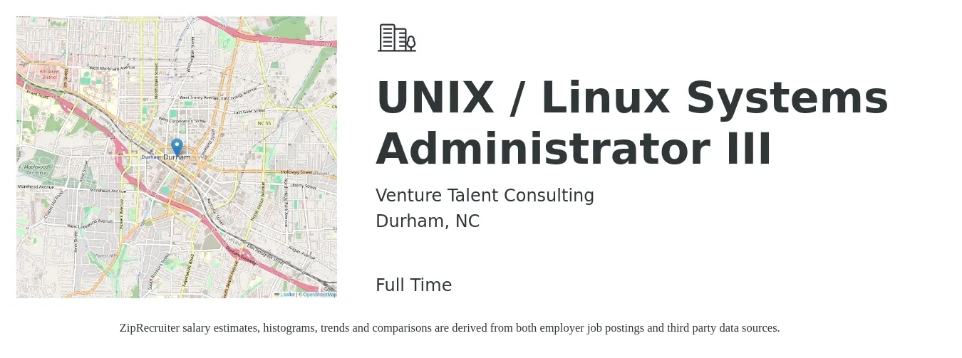 Venture Talent Consulting job posting for a UNIX / Linux Systems Administrator III in Durham, NC with a salary of $80,000 to $90,000 Yearly with a map of Durham location.