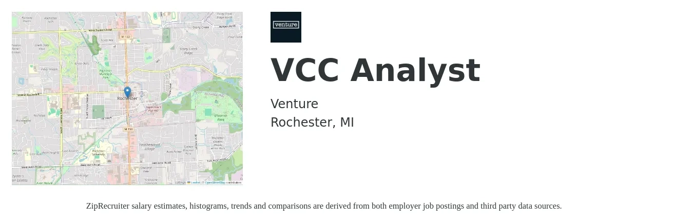 Venture job posting for a VCC Analyst in Rochester, MI with a map of Rochester location.