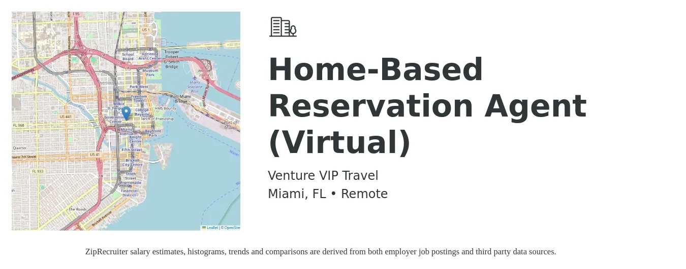 Venture VIP Travel job posting for a Home-Based Reservation Agent (Virtual) in Miami, FL with a salary of $15 to $19 Hourly with a map of Miami location.