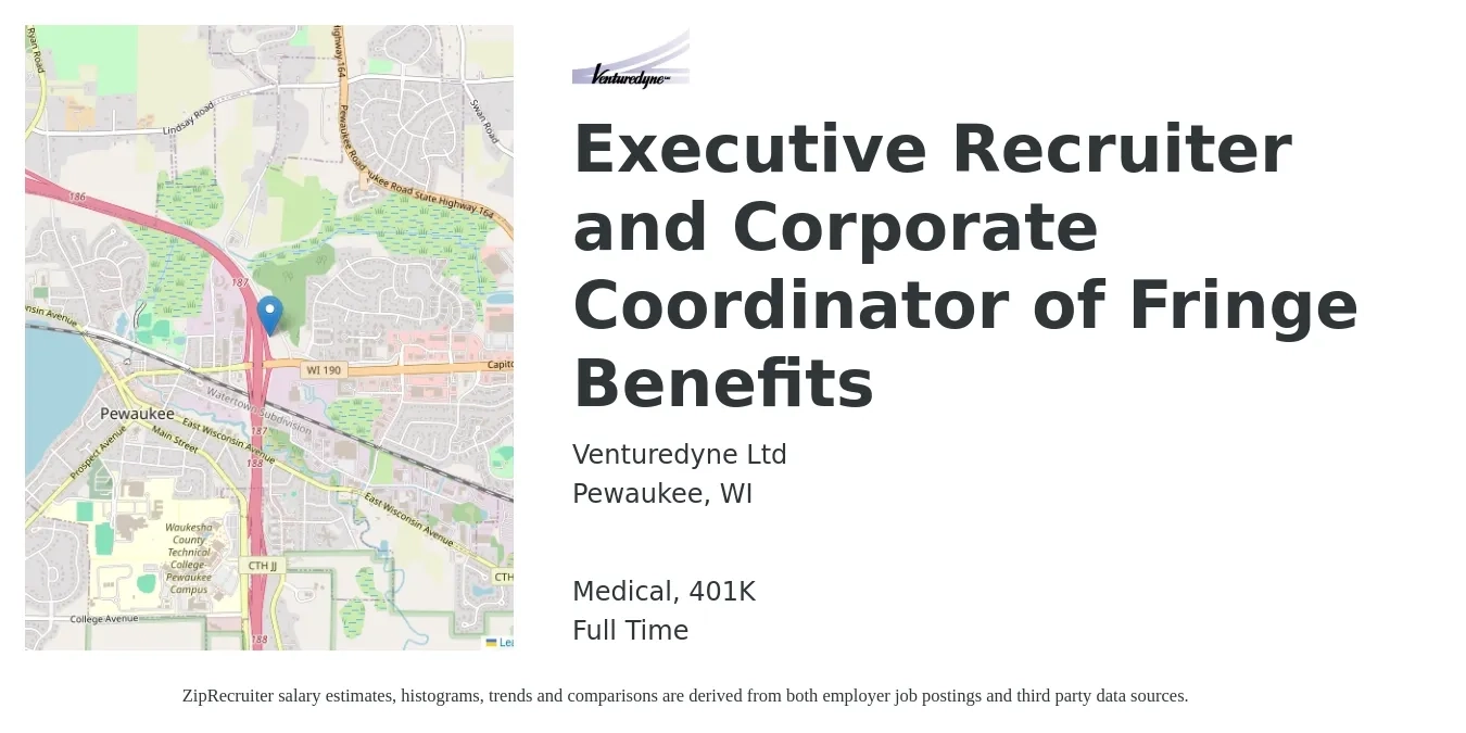 Venturedyne Ltd job posting for a Executive Recruiter and Corporate Coordinator of Fringe Benefits in Pewaukee, WI with a salary of $48,900 to $70,500 Yearly and benefits including 401k, life_insurance, and medical with a map of Pewaukee location.