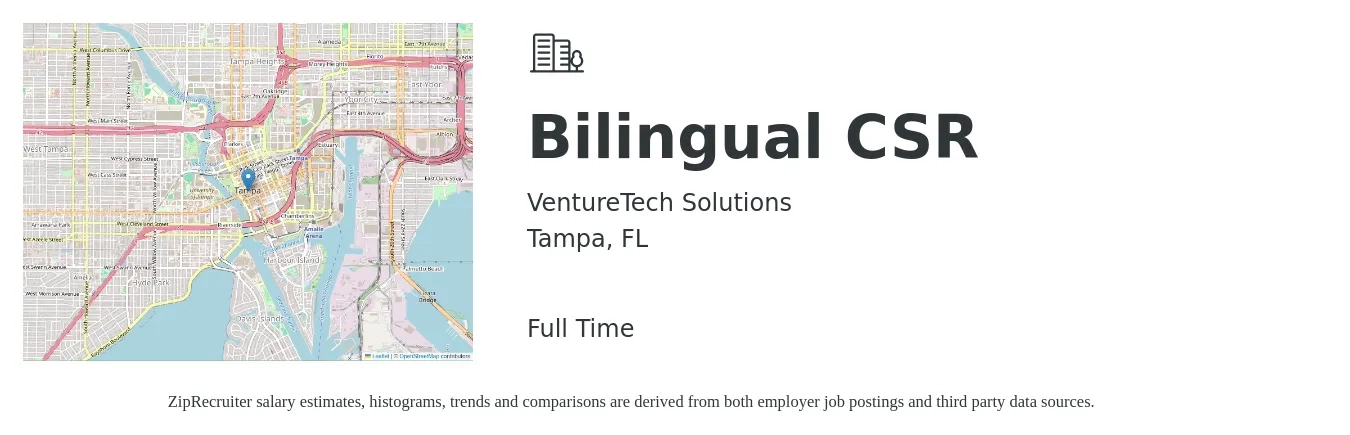 VentureTech Solutions job posting for a Bilingual CSR in Tampa, FL with a salary of $17 Hourly with a map of Tampa location.
