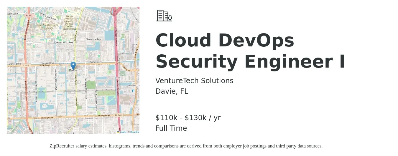 VentureTech Solutions job posting for a Cloud DevOps Security Engineer I in Davie, FL with a salary of $110,000 to $130,000 Yearly with a map of Davie location.