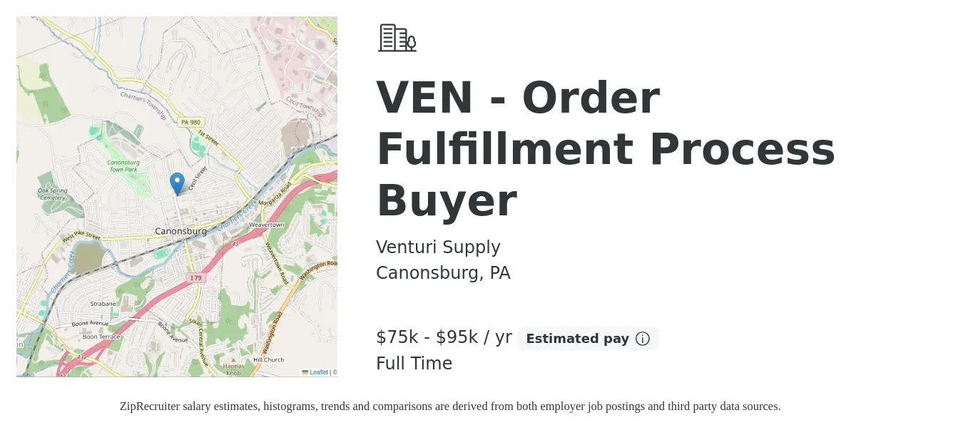 Venturi Supply job posting for a VEN - Order Fulfillment Process Buyer in Canonsburg, PA with a salary of $75,000 to $95,000 Yearly with a map of Canonsburg location.
